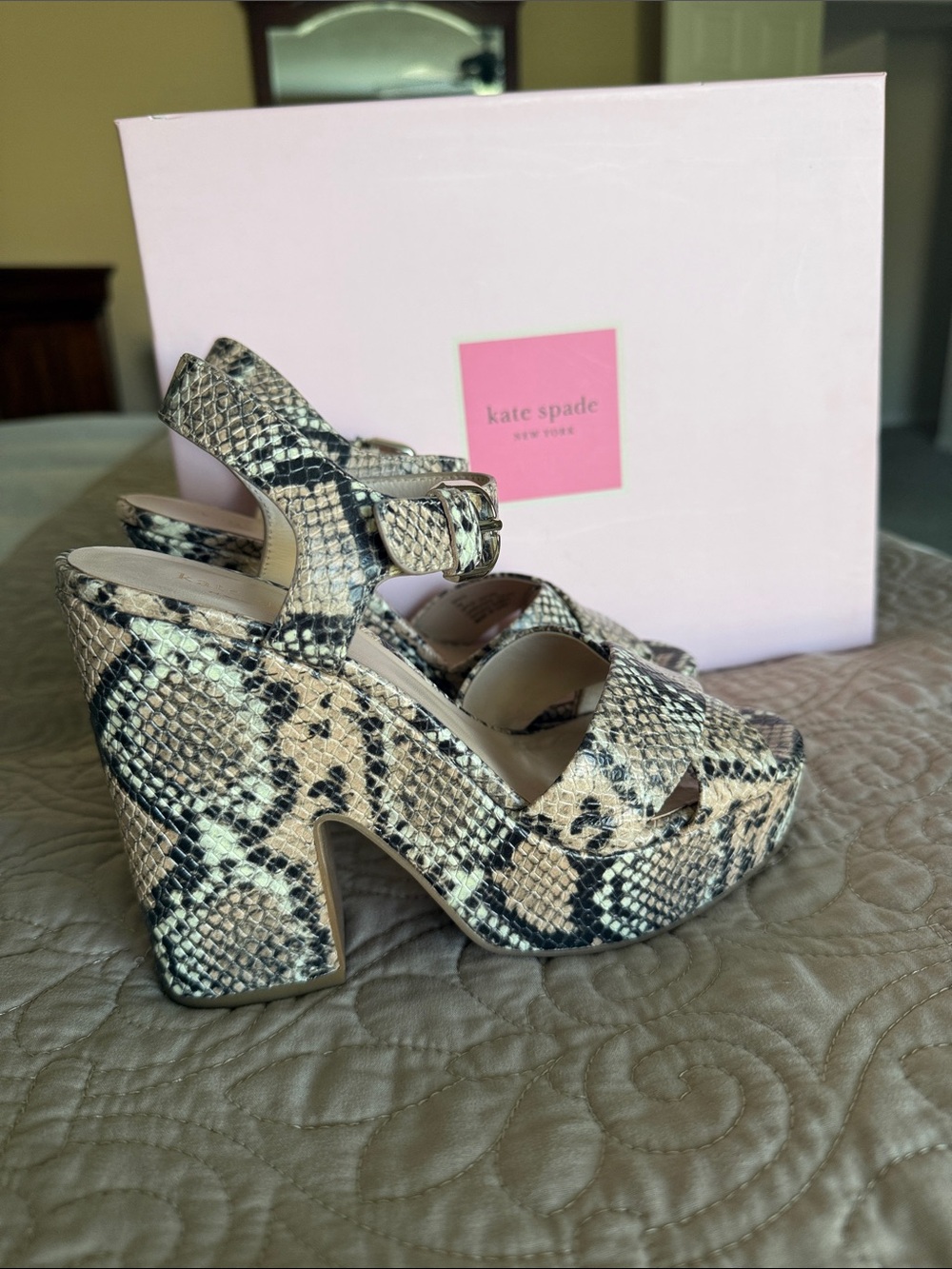 kate spade Pink Snake-Print Platform Sandal with Chunky Heel